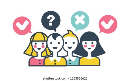 Votantes con pensamientos, preguntas e ideas en burbujas vectoriales debates políticos, la gente confundió reunión del electorado sobre referéndum, elección política positiva y negativa, elecciones y temporada electoral.