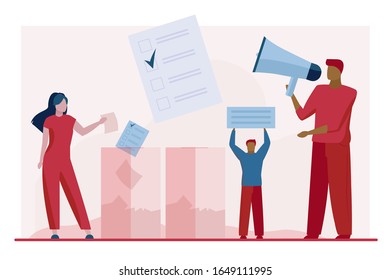 Voters throwing forms into ballot boxes. Activists shouting at megaphone, holding placard flat vector illustration. Election campaign, poll concept for banner, website design or landing web page
