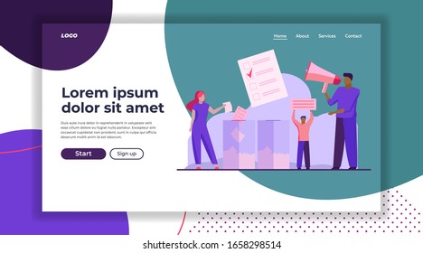 Votantes lanzando formularios a las urnas. Activistas gritan megáfono, sosteniendo pancartas con ilustración vectorial plana. Campaña electoral, concepto de votación para banner, diseño de sitio web o página web de inicio
