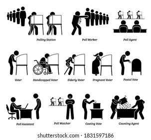 Voters Voting At Polling Station Place During Presidential Election Signs And Symbols. Vector Illustration Of People Casting Their Votes And Workers Working At Federal Election Day. 