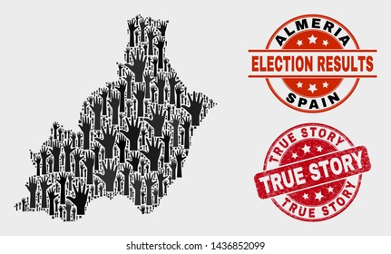 Voting Almeria Province map and seal stamps. Red round True Story grunge seal stamp. Black Almeria Province map mosaic of raised up decision arms. Vector composition for referendum results,