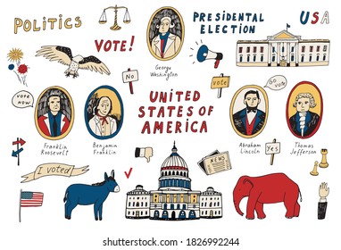 Voting american presidental election, united staters of america hand drawn doodle illustrations vector set.