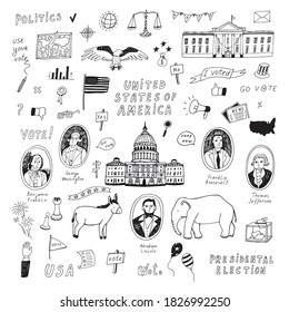 Voting american presidental election, united staters of america hand drawn doodle line illustrations vector set.