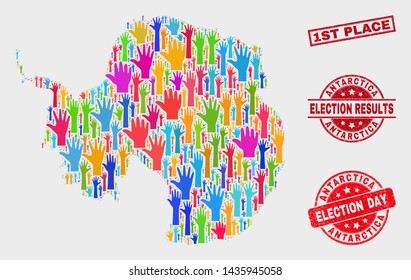 Voting Antarctica continent map and seal stamps. Red rectangular 1St Place distress seal stamp. Colorful Antarctica continent map mosaic of raised up referendum hands. Vector collage for election day,