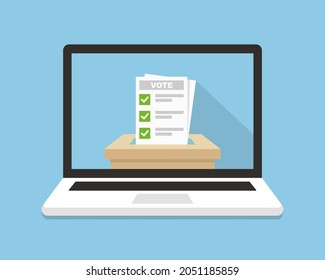 Voting Background. Vote Ballot Going Into A Box In Laptop Screen. Online, Electronic Voting Concept. Your Vote Matters Concept. Vector Illustration.