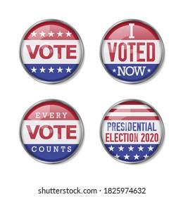 Voting badge realistic vector set. 2020 United States presidential election. Vector illustration.