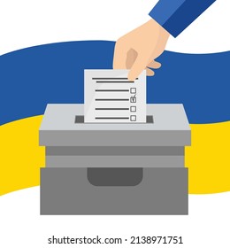 Voting. The ballot box against the background of the Ukrainian flag in which the ballot is lowered. Vector illustration isolated on a white background for design and web.