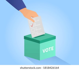 Voting or ballot box with hand placing a vote with red check mark in the slot, colored vector illustration
