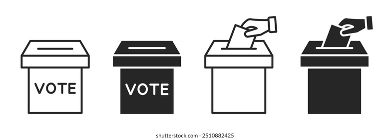 Conjunto de iconos de urna de votación. Concepto de caja de votación manual. Vector. 