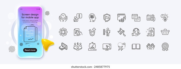 Voting ballot, Calendar and Meeting line icons for web app. Phone mockup gradient screen. Pack of Shopping basket, Document signature, Interview pictogram icons. Vector