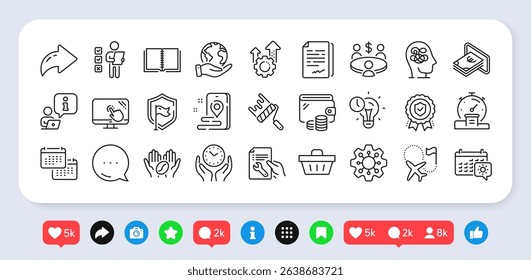 Voting ballot, Calendar and Meeting line icons pack. Social media: share, comment, like icons. Shopping basket, Document signature, Interview web icon. Vector