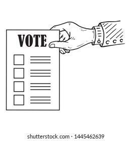 Voting ballot, form, list icon. Vector illustration of ballot paper in hand. Wrist. A hand holds a blank, document, sheet of paper with text. A hand with a sleeve.