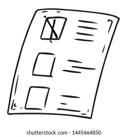 Voting ballot, form, list icon. Vector illustration of a ballot paper with a mark. Blank with a cross mark, a document, a sheet of paper with text.