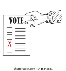 Voting ballot, form, list icon. Vector illustration of ballot paper in hand. Wrist. A hand holds a blank with a cross mark, document, sheet of paper with text. A hand with a sleeve.