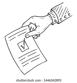 Voting ballot, form, list icon. Vector illustration of ballot paper in hand. Wrist. A hand holds a blank with a check mark, document, sheet of paper with text. A hand with a sleeve.
