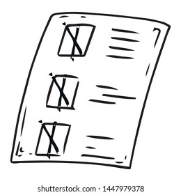 Voting ballot, form, list icon. Vector illustration of a ballot paper with a mark. Blank with a cross mark, a document, a sheet of paper with text.