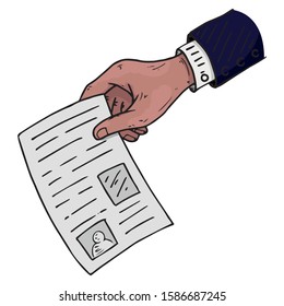 Voting ballot, form, list icon. Vector illustration of ballot paper in hand. Wrist hand holds a blank with a cross mark, document, sheet of paper with text. 