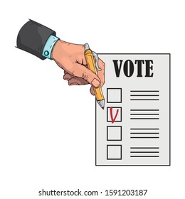 Voting Ballot, Form, List Icon. Vector Illustration Of Ballot Paper In Hand. Male Hand In A Suit Fills Out A Questionnaire With A Pen.