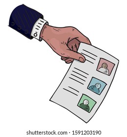 Voting Ballot, Form, List Icon. Vector Illustration Of Ballot Paper In Hand. Male Hand Holds A Blank With A Check Mark, Document, Sheet Of Paper With Text. Hand With A Sleeve.