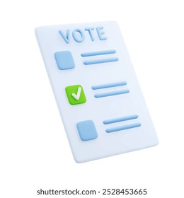 Voting ballot in a minimalistic 3D cartoon style with checkboxes and checkmark isolated on white background. Design element for elections, decision-making processes or surveys. 3d Vector illustration.