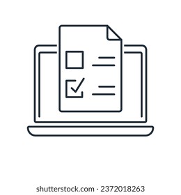 Voting ballot on laptop screen. Vector linear icon isolated on white background.