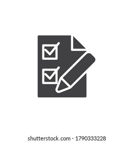 Voting ballot page vector icon. filled flat sign for mobile concept and web design. Document with check mark and pen glyph icon. Symbol, logo illustration. Vector graphics
