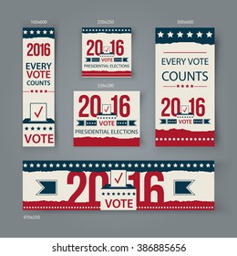 Diseño de conjunto vectorial de banners de votación. Elecciones presidenciales en Estados Unidos en 2016. Votar por los carteles de EEUU 2016 para portada de sitios web o medios sociales.