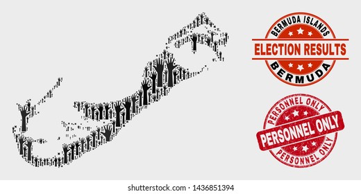 Voting Bermuda Islands map and seal stamps. Red rounded Personnel Only distress seal stamp. Black Bermuda Islands map mosaic of upwards voting arms. Vector combination for election results,