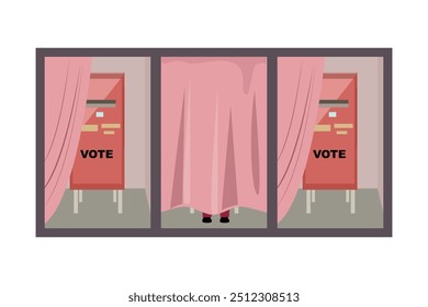 Ilustração da cabine de votação com cortinas, mostrando pernas atrás de uma cabine, retratando a confiança da eleição