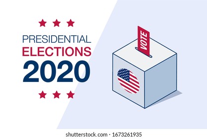 Voting box with American flag. Presidential elections 2020 banner. Flat vector illustration.  Online vote, electronic voting. Perfect for landing page template, flyer, poster.