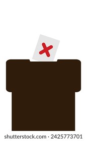 Voting box and ballot with check mark of disagreement. Vector illustration