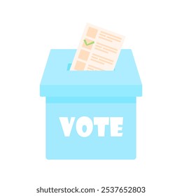 Caixa de votação em estilo cartoon em um fundo branco isolado. Uma planilha com o candidato selecionado é colocada na caixa de votação. Voto público.