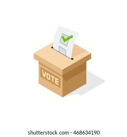 Voting box vector illustration with inserting paper sheet of elected checkmark, flat cartoon isometric vote box isolated on white background