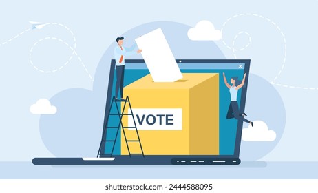 Voting box and voters making decisions. Tiny people putting voting paper into ballot box that come out from laptop monitor. Modern online voting and election concept. Vector illustration