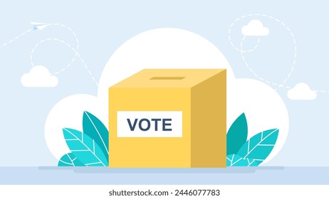 Voting box. Yellow paper box for voting. Urn, container. Concept of election, referendum, debate, choice, expression of will. General and Presidential elections. Vector illustration