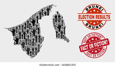 Voting Brunei map and seals. Red rounded Fact or Fiction? distress seal. Black Brunei map mosaic of raised up voting hands. Vector composition for election results, with Fact or Fiction? seal stamp.
