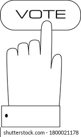 Botón de voto con mano para las elecciones en línea 2020. Ilustración de material vectorial aislada en fondo blanco para el diseño de sondeo electrónico.