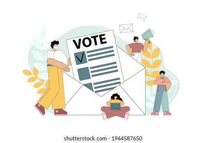 Abstimmung per Brief. Sichere Abstimmung. Der Mann in der medizinischen Maske legt das Stimmzettel in den Umschlag. Vektorgrafik einzeln auf weißem Hintergrund.