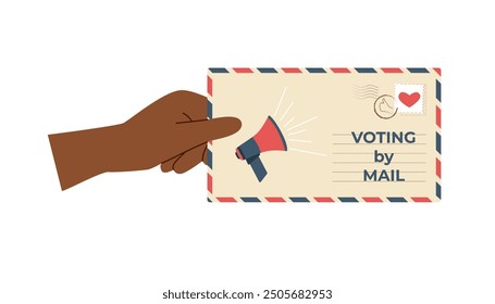 Votación por concepto de correo. Sobre con voto en la mano humana. Campaña electoral. Voto por la democracia. 

