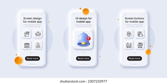 Voting campaign, Help app and Wash hands line icons pack. 3d phone mockups with bell alert. Glass smartphone screen. Fraud, Market seller, Graph chart web icon. Hold heart, Yoga pictogram. Vector