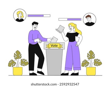 Voting for candidates. Man and woman throw ballots into ballot box. Democracy and freedom of choice. Elections and referendum. Political campaign. Linear vector illustration