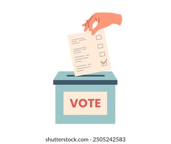 Voting concept. Voting box and vote ballot in human hand. Election campaign. Democracy vote. 