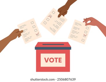 Voting concept. Voting box and vote ballots in human hands. Election campaign. Democracy vote.