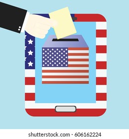 Voting concept by Hand putting paper in the mobile phone.