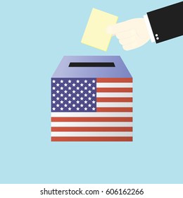 Voting concept by Hand putting paper in the ballot box USA