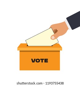 Voting concept in a flat style. Businessman hand putting voting paper into ballot box. Vector illustration isolated on white background.