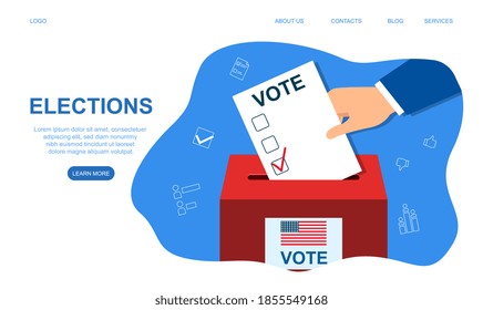 Voting concept in flat style. Voting election. Hand putting paper in the ballot box. Cartoon vector illustration isolated on white background. Website or webpage template