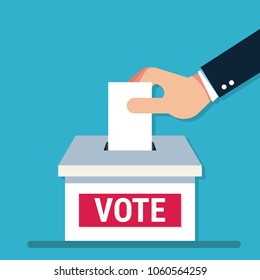 Voting concept in flat style - hand putting paper in the ballot box