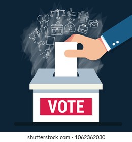 Voting concept in flat style - hand putting paper in the ballot box