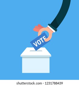 Voting concept in flat style - hand putting paper in the ballot box.
